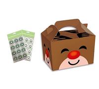 Reindeer Christmas Party Food Boxes - Childrens Xmas Meal Bag Plate Box With Sticker Seals (1 Box)