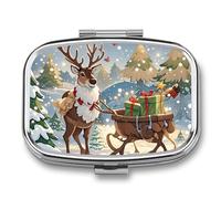 Reindeer Delivering Christmas Presents Pill Box 2 Compartment Portable Pill Case Daily Square Pill Organizer for Pocket Purse Daily Medicine Container to Hold Vitamins Fish Oil Travel Gifts