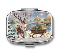 Reindeer Delivering Christmas Presents Pill Case 2 Compartments Travel Pill Organizer for Pocket Small Pill Box Portable Pill Container Metal Medication Holder to Hold Vitamin Fish Oil Supplement