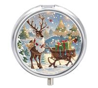 Reindeer Delivering Christmas Presents Pill Case 3 Compartment Portable Pill Box Daily Round Pill Organizer for Pocket Purse Daily Medicine Container to Hold Vitamins Fish Oil Travel Gifts