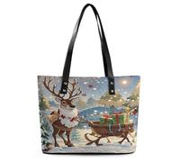 Reindeer Delivering Christmas Presents Tote Bag Large Soft Leather Purse with Zipper Lightweight Ladies Shoulder Handbag