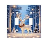 Reindeer Double Light Switch Cover Plate, Winter Nature Trees Snow Winter Blue Plastic Standard Size Switch Plate Decorative for Home Living Room Bedroom Bathroom Decor