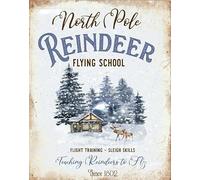 Reindeer Flight School Sign - Reindeer Sign - North Pole Sign - Christmas Decoration Metal Sign Tag 16"X 12"Inch Gift Plaque