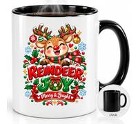 Reindeer Joy Christmas Coffee Mug - 11oz Ceramic Cup White Black Magic Variations - Cute Reindeer Merry Bright Typography Graphic - Festive Holiday Keepsake
