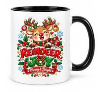 Reindeer Joy Christmas Coffee Mug - 11oz Ceramic Cup White Black Magic Variations - Cute Reindeer Merry Bright Typography Graphic - Festive Holiday Keepsake