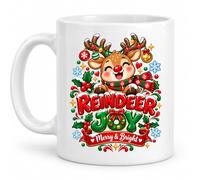 Reindeer Joy Christmas Coffee Mug - 11oz Ceramic Cup White Black Magic Variations - Cute Reindeer Merry Bright Typography Graphic - Festive Holiday Keepsake