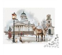 Reindeer Next to A Snowy Church, Nordic Folk Art Puzzle 1000pcs (75x50cm) Puzzles, Die Für Erwachsene Und Personen Ab 14 Jahren Geeignet Sind