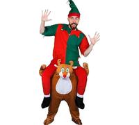 Reindeer Pick Me Up Costume - Medium - Reindeer Ride-On Costume with Red and Green Elf Tunic - Novelty Rudolph Carrying Elf Xmas Fancy Dress Outfit