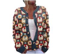 Reindeer Print Long Sleeve Lightweight Sweater Comfy Chunky Outerwear Womens Cardigan Open Front Button Down V Neck Ribbed Knit with Pocket