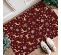 Reindeer Runner Rug, Christmas Festive Snowflakes Stars Christmas Burgundy Non-Slip Doormat Accents Rug Fade Resistant for Kitchen Entryway Bathroom Doorway Decor 2x3 Ft