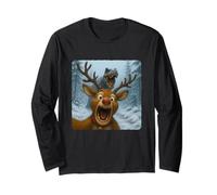 Reindeer Selfie T-Rex Dinosaur Chase Funny Humor Long Sleeve T-Shirt