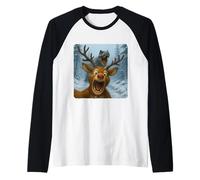Reindeer Selfie T-Rex Dinosaur Chase Funny Humor Raglan Baseball Tee