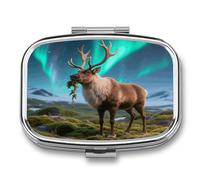 Reindeer with Northern Lights pilldispenser with Mirror 2 Compartments Waterproof PillCase for Purse Pocket Non-Slip Grip Travel Medicine Organizer Container Box for Vitamin Fish Oil Supplement