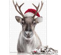Reindeer with Santa Hat Puzzles 500 Pieces for Teenagers Gifts Wooden Puzzle Adult Jigsaw Puzzle Puzzling for Gift 500pcs (52x38cm)