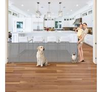 Reinforced 120" Wide Retractable Dog Gate with Cat Door Extra Large Baby Gate Cat Gate with Support Bars to Prevent Crawling Underneath and Scratch Mesh Pet Gate Indoor Cat Barrier for Doorway Stairs