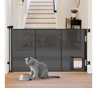 Reinforced 35” Tall 60” Wide Retractable Baby Gates for Doorways Outdoor Dog Gate for Deck Mesh Baby Gate with Cat Door for Exterior Door, Black