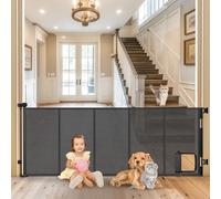 Reinforced 35” Tall X 90” Wide Baby Gate with Cat Door for Doorway Retractable Pet Gate Indoor Doggie Gates Mesh Gates for Kids or Pets Outdoor Dog Gate for Deck, Black