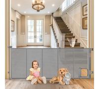 Reinforced 35” Tall X 90” Wide Mesh Baby Gate with Cat Door for Doorway Retractable Pet Gate Indoor Doggie Gates Mesh Gates for Kids or Pets Outdoor Gates for Decks, Gray