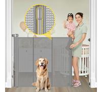 Enhanced 42” Extra Tall & 60” Wide Retractable Baby Gates with Rods to Prevent Crawling Through, Extra Tall Dog Gate for Large Openings Indoor Outdoor Long Mesh Pet Gate for Stairs and Doorways, Gray