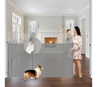 Reinforced 42" Extra Tall x 75" Wide Retractable Baby Gate With Support Rods - Indoor/Outdoor Mesh Pet Gate for Dogs, Prevents Crawling Under, Gray