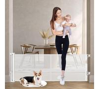 Reinforced 61 cm High Retractable Baby Gate for Dogs, Short Dog Gate for Walking, Expandable 0-55 Inch Wide, Mesh Pet Gate with Support Bars, Small Puppy Gates for Home, White