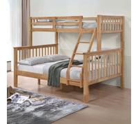 Reinforced Beds, Kelling Triple Bunk Bed, Single Over Double, Natural Oak Finish, Rubbrwood, Solid Wooden Slats, Shaker Design