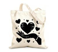 Reinforced Bottom Canvas Bag heart held in an open hand surrounded by stars and moons in a vibrant style 12 oz thick fabric Uses as a gift bag 25x30cm Small