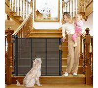 Reinforced Retractable Dog Gate for Stairs 55 Inch Adjustable Brackets and Detachable Latches Retractable Baby Gate Retractable Mesh Gate for Kids and Pets Banister to Banister Mesh Pet Gate for Stair