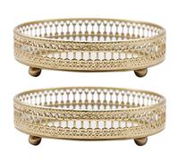 Reinscer 2X Golden Iron Jewelry Storage Tray Glass Mirror Makeup Manager Desktop Cosmetic Dessert Decorative Display Tray 25cm