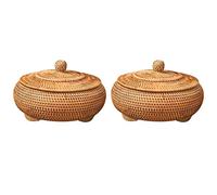 Reinscer 2X Storage Basket Hand-Woven Rattan Woven with Cover Round Primary Color Chinese Jewelry Snacks Tea Set Storage Box