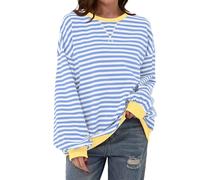 REIOASUD Womens Oversized Striped Sweatshirt Color Block Long Sleeve Shirt Crewneck Pullover Striped Sweater Y2k Clothes, Blue White, Medium