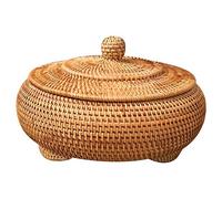 Reionppy Storage Basket Hand Woven Rattan Woven with Lid Round Colour Chinese Jewellery Snacks Tea Service Storage Box