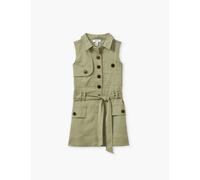 Reiss Girls Khaki Kids Button-down Belted-waist Linen-blend Mini Dress 4-14 Years 11-12
