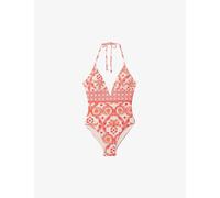 Reiss Womens Cream/coral Leonora Fern-print Plunge-neck Stretch-woven Swimsuit 8