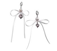 REITINGE Sweet Pearl Heart Pendant Earrings Ribbon Bowknot Dangle Earrings Ear Hooks Fashion Drop Earring Valentines Day Jewelry
