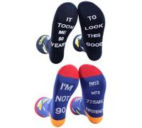 ReJiechu 2 Pairs 90th Birthday Socks for Men Women, Stitched Funny Socks, Fun Novelty Gifts for Mom Dad, 90th, Large