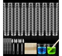 REJOECE 100 Pack Measuring Cups 60ml, Plastic Mixing Cup Measuring Cups, Transparent Scale Cups, Reusable Mixing Cup, 50 Pack Mixing Sticks Labs Graduated Beakers Baking Cooking Home Lab Measure Tool