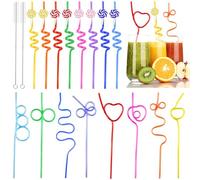 REJOECE 16 Pcs Colorful Curly Straws, Reusable Drinking Straws, Creative Party Straws, Kids Straws, Spiral Straws, Reusable Plastic Straws Kids Birthday Party Decorations Supplies with Cleaning Brush