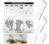 REJOECE 210 Pcs Screw Hooks - L Shaped,4 Sizes Right Angle Screws,Belt 3 Various Sizes Wall Hook with Expansion Tubes, Zinc-Plated Right Angle Hook for Wall and Ceiling, for Home, Office,Workshop Use