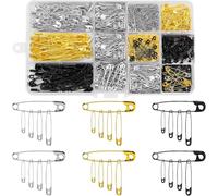 REJOECE 600 Pcs Safety Pins Set, 5 Sizes Clothes Safety Pins Small Medium Large Size(19mm/22mm/28mm/32mm/38mm), Metal Safety Pin Rust-Resistant for Arts and Crafts Sewing DIY,Gold Silver Black