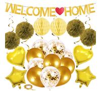REJOECE Welcome Home Decorations, Welcome Home Banners Balloons Set, Star and Heart Foil Balloons, Gold Sequin Balloons Latex Balloons, Welcome Home Banner for Home Family Baby Showers Ramadan Party