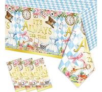 Rejoice Bunny 3PCS Alice in Wonderland Themed Party Tablecloth for Girls Boys Babyshower Kids Blue Birthday Party Decorations Mad Hatter Tea Party Disposable Tablecloth