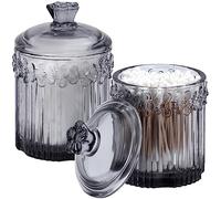 rejomiik 2 Pack Qtip Holder Glass Apothecary Jars with Lids Set Bathroom Canisters Dispenser Organizers and Storage for Cotton Swabs, Balls, Pads, Floss Picks, Candy, Grey