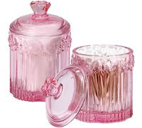 rejomiik 2 Pack Qtip Holder Glass Apothecary Jars with Lids Set Bathroom Canisters Dispenser Organizers and Storage for Cotton Swabs, Balls, Pads, Floss Picks, Candy, Pink