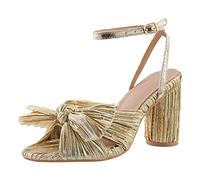 REKALFO Block Heel Sandals For Women Open Toe Ankle Strap Shoes with Bow Knot - Wedding, Party, Banquet, Formal Dress Shoes Gold 7.5 UK