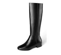 REKALFO Knee High Boots Women PU Leather Boot Wide Fit Shoes with Zipper Chunky Heel Soft Winter Booties black 7.5 UK