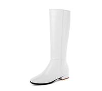 REKALFO Knee High Boots Women PU Leather Boot Wide Fit Shoes with Zipper Chunky Heel Soft Winter Booties white 3.5 UK