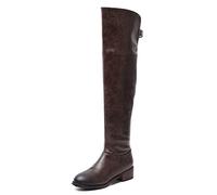 REKALFO Round Toe Women Over The Knee Boots PU Leather Block Heel Vintage Comfortable Fashion Thigh High Boots With Zipper dark brown 6 UK