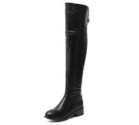 REKALFO Round Toe Women Over The Knee Boots PU Leather Block Heel Vintage Comfortable Fashion Thigh High Boots With Zipper black 11.5 UK