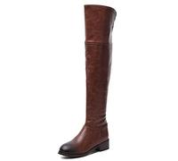 REKALFO Round Toe Women Over The Knee Boots PU Leather Block Heel Vintage Comfortable Fashion Thigh High Boots With Zipper brown 4.5 UK